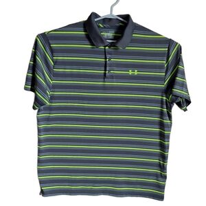 Under Armour Polo Shirt Mens L Loose Heatgear Grey/Lime Green Short Slee…